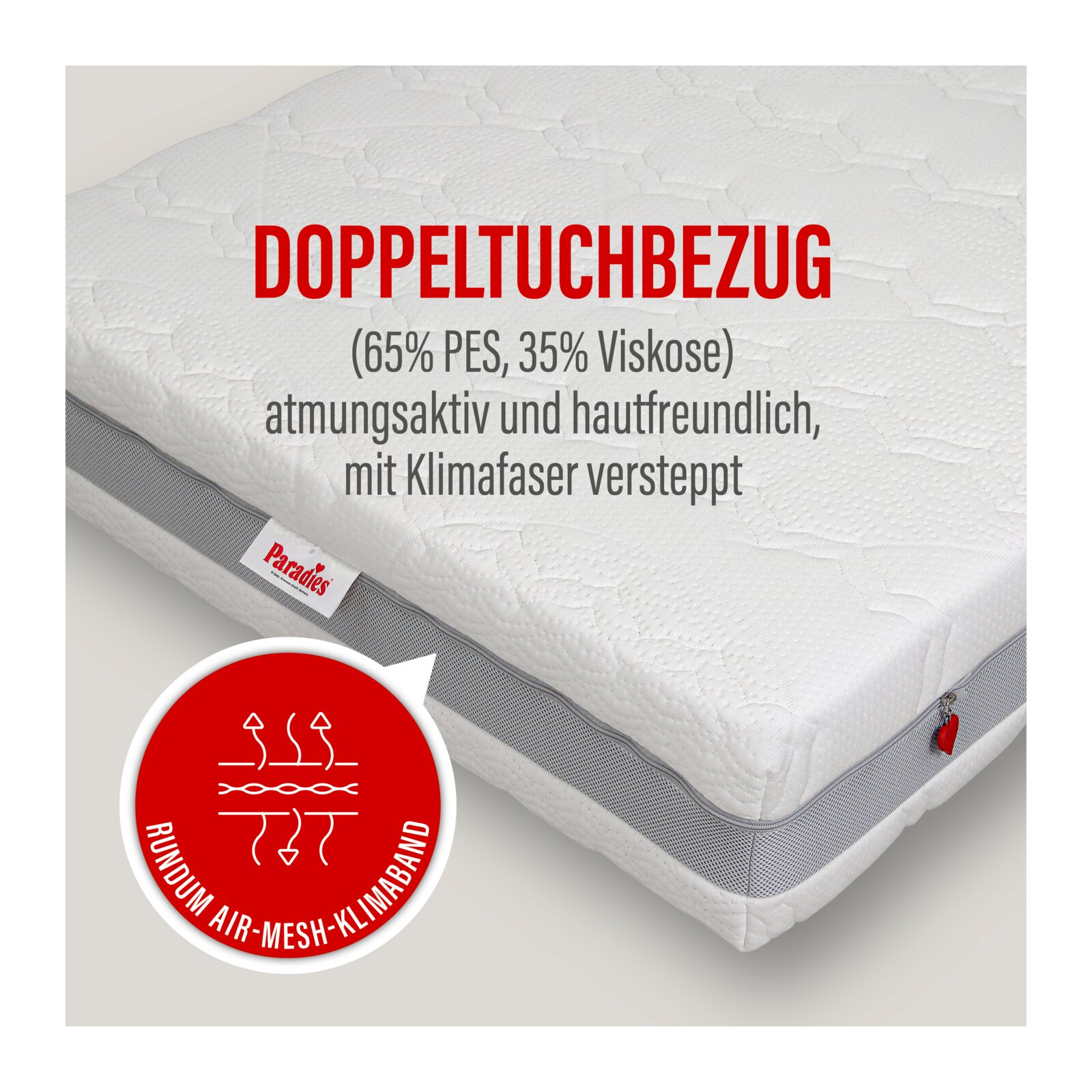 Schräg von oben fotografierte Matratze mit weißem Doppeltuchbezug (65% PES, 35% Viskose), atmungsaktiv und hautfreundlich, mit rundum Air-Mesh-Klimaband und Reißverschlussdetail.