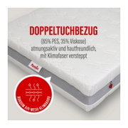Schräg von oben fotografierte Matratze mit weißem Doppeltuchbezug (65% PES, 35% Viskose), atmungsaktiv und hautfreundlich, mit rundum Air-Mesh-Klimaband und Reißverschlussdetail.