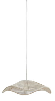 Moderne Hängeleuchte mit wellenförmigem, geflochtenem Schirm aus der Seitenperspektive.