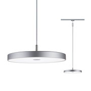 Moderne, runde Pendelleuchte in Silber, seitliche Perspektive