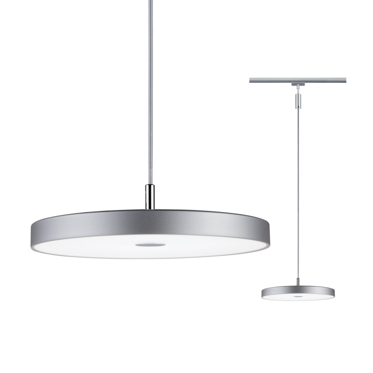 Moderne, runde Pendelleuchte in Silber, seitliche Perspektive