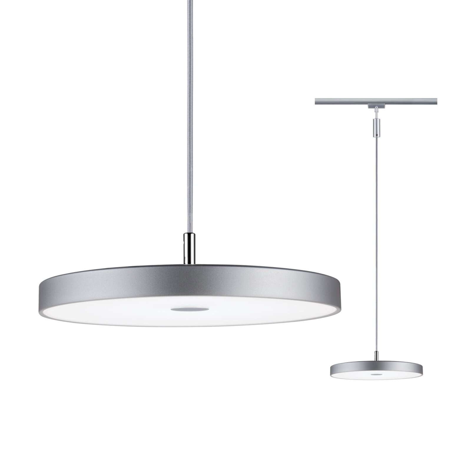 Moderne, ronde hanglamp in zilver, zijaanzicht