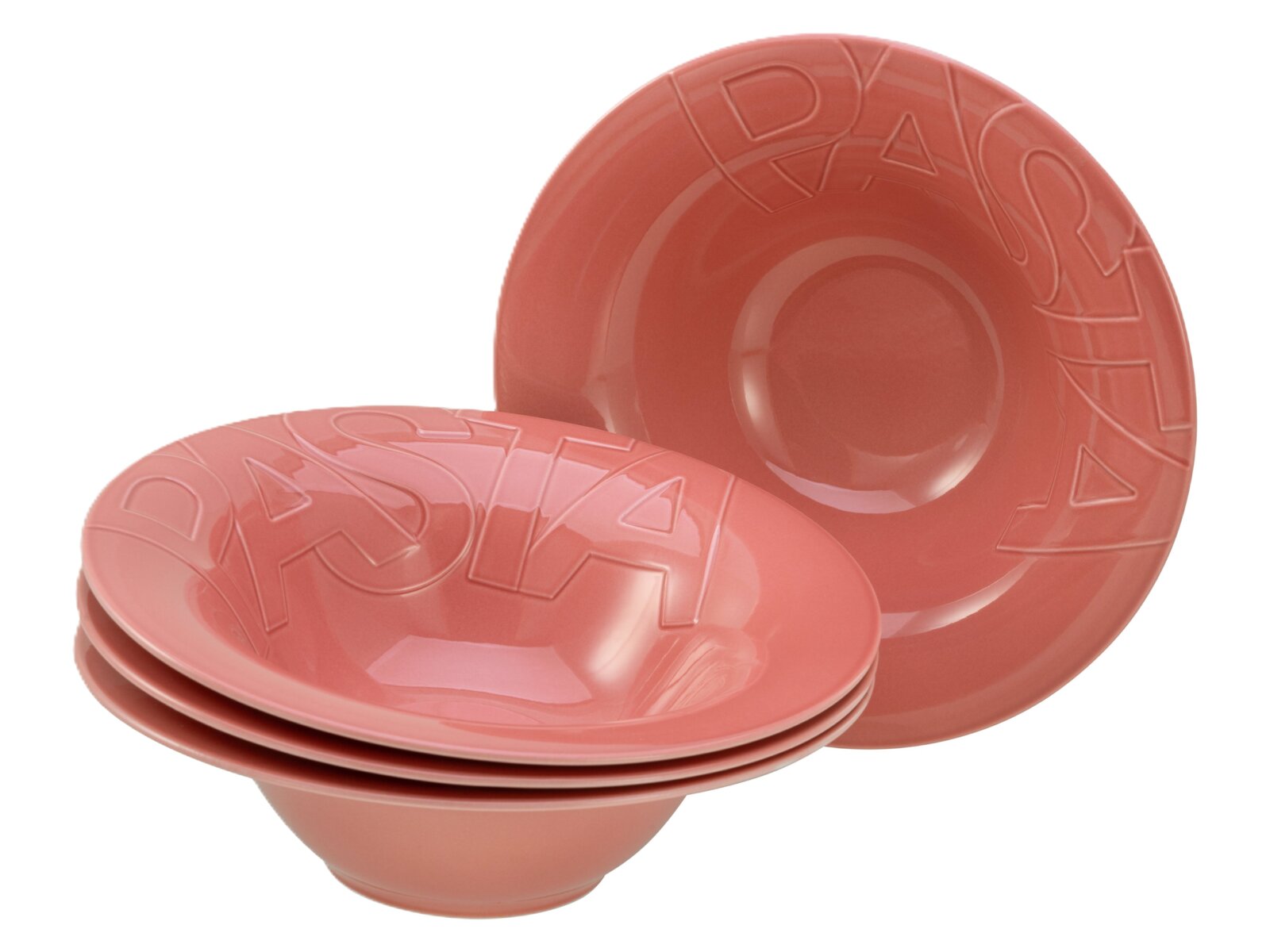 Creatable Pastateller 4-tlg GOURMET Rosa glasiertes Geschirr-Set mit tiefem Teller/Schale und gestapelten Tellern, mit erhabenem Schriftzug am Rand, fotografiert in schräger Frontansicht vor weißem Hintergrund