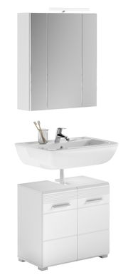 Moderne Badkombination mit Spiegelschrank, Waschbecken und Unterschrank, frontal abgebildet.