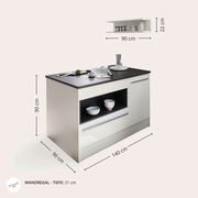 Kücheninsel mit weißem Korpus und dunkler Arbeitsplatte, seitliche Perspektive, mit integriertem Regal und Schubladen, Maße 90x140x90 cm