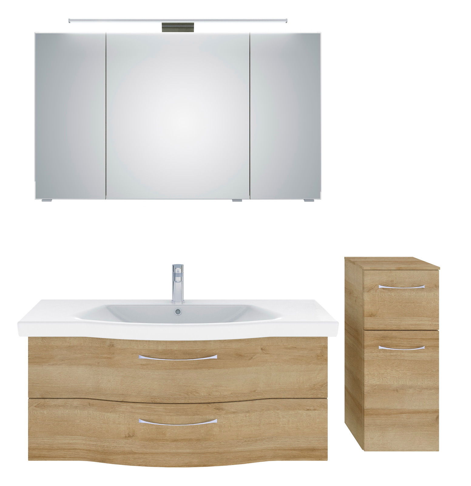 Pelipal Badblok SERIE 6005 SPRINT Badezimmermöbel-Set bestehend aus einem großen Spiegelschrank mit Beleuchtung, einem Waschtisch mit zwei Schubladen und einem zusätzlichen Schrank, alle in Holzoptik. Frontalansicht.