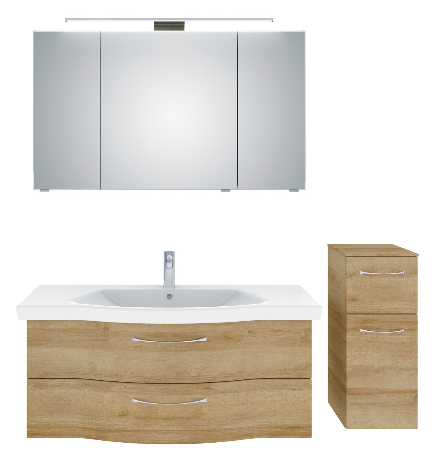 Badezimmermöbel-Set bestehend aus einem großen Spiegelschrank mit Beleuchtung, einem Waschtisch mit zwei Schubladen und einem zusätzlichen Schrank, alle in Holzoptik. Frontalansicht.