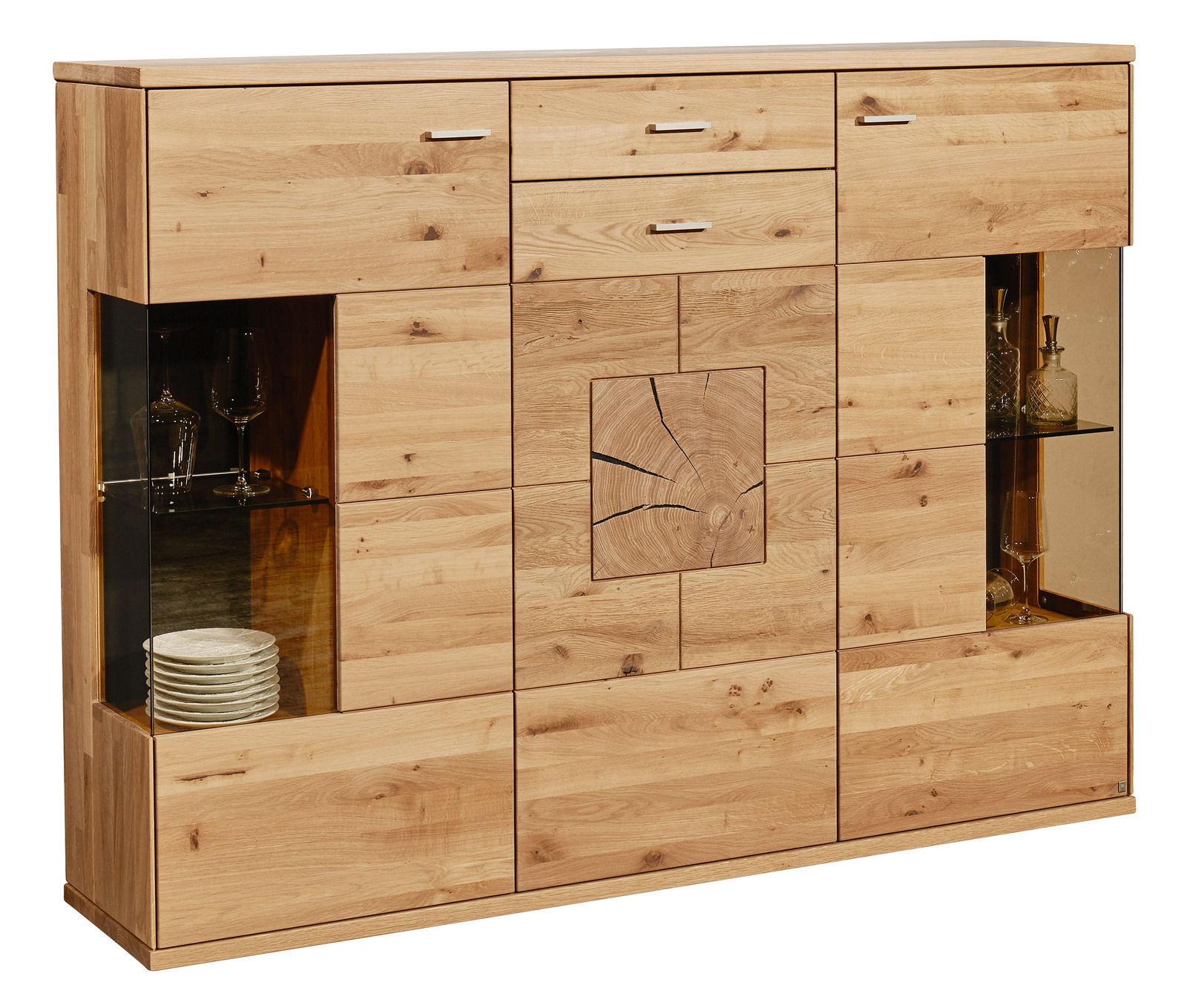 Hochwertiges Highboard aus Holz mit Glasvitrinen und dekorativem Baumringmuster, frontale Ansicht.