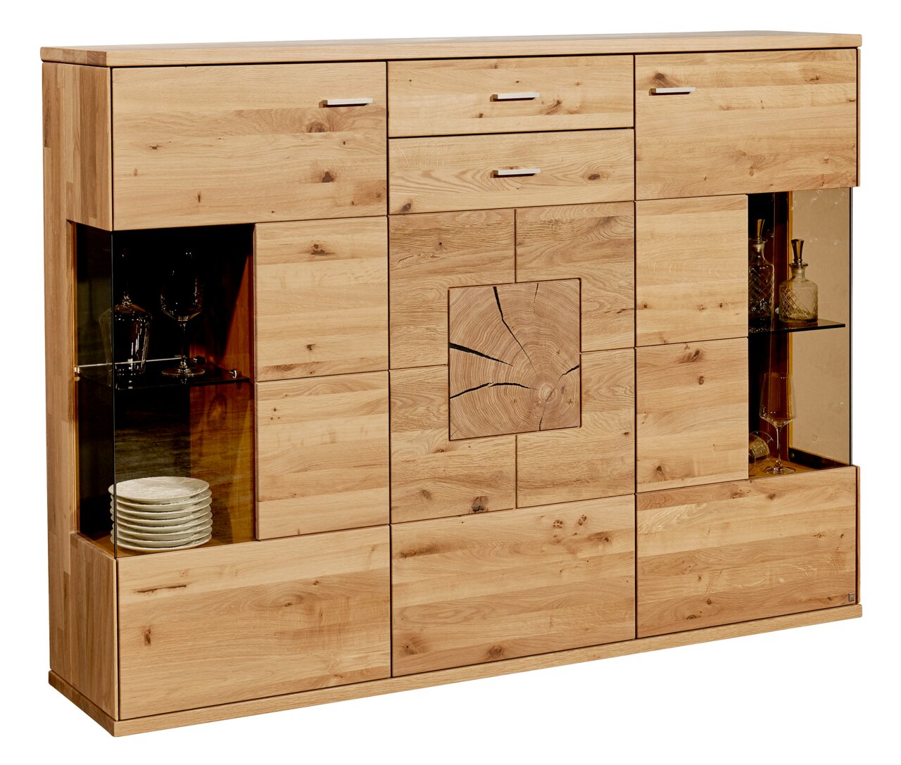 Hochwertiges Highboard aus Holz mit Glasvitrinen und dekorativem Baumringmuster, frontale Ansicht.