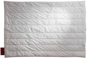 Weiße Bettdecke in der Größe 155x220 cm, von oben fotografiert, mit einem roten Etikett an der Seite.