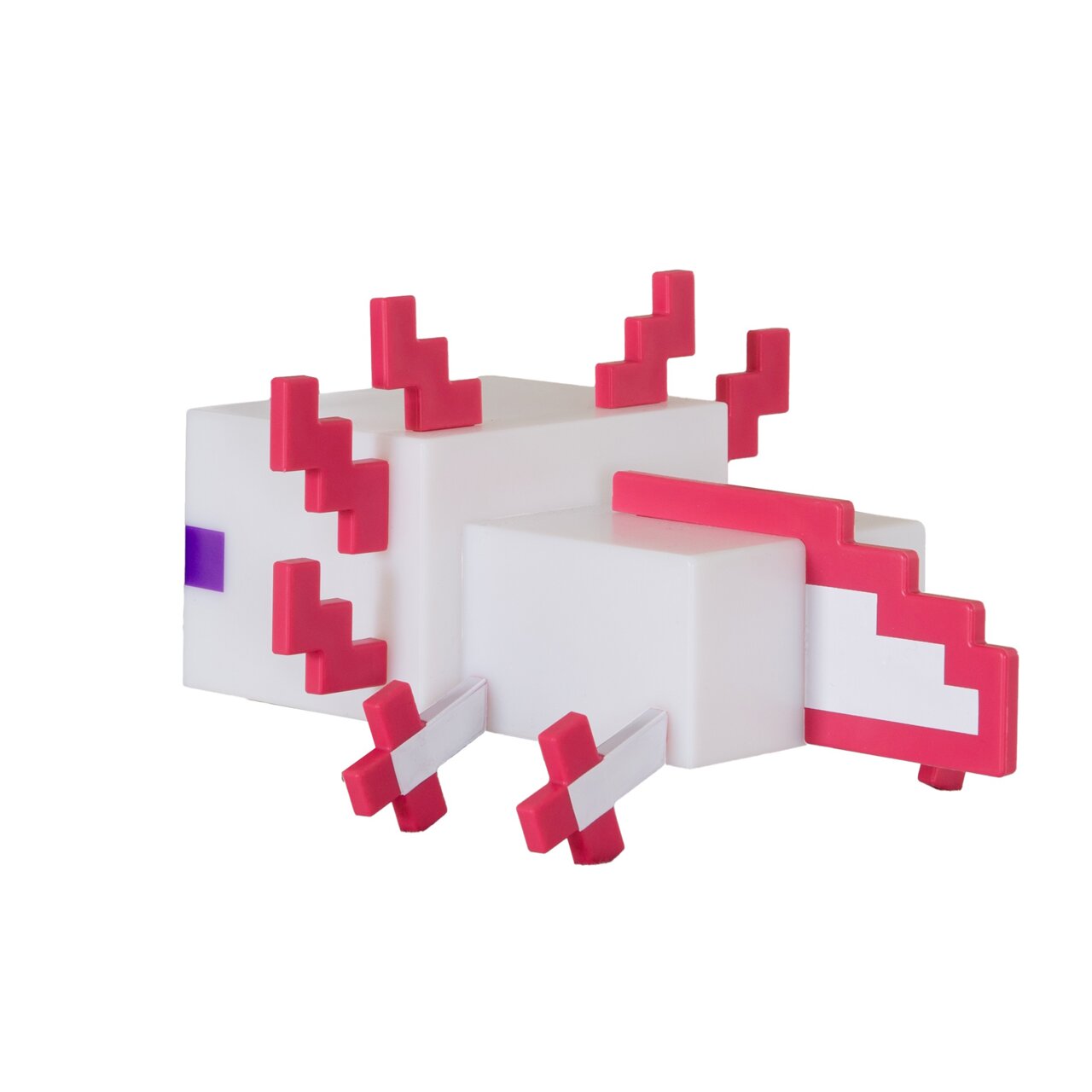 Wit, blokvormig speelgoeddier met pixelprint, met roze, trapvormige details en een klein paars accent, in een schuin zijaanzicht van voren op een witte achtergrond