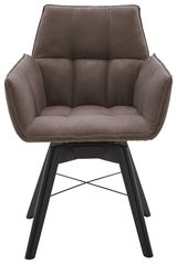 Vorderansicht eines modernen Armlehnenstuhls mit gepolstertem Sitz und schwarzen Beinen.