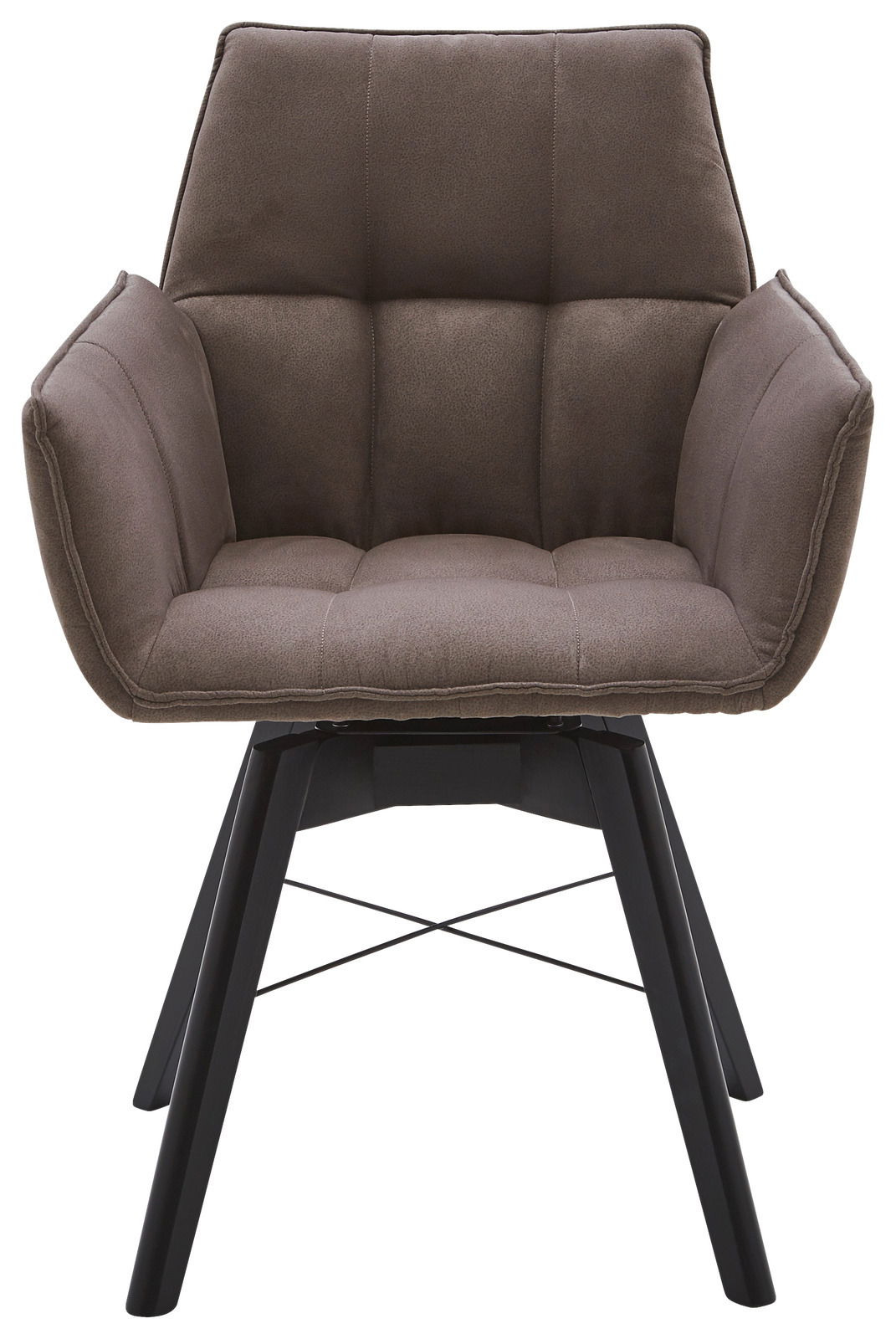 Vorderansicht eines modernen Armlehnenstuhls mit gepolstertem Sitz und schwarzen Beinen.