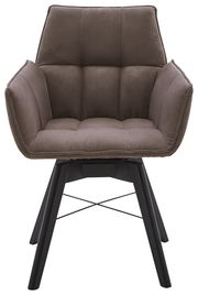 Vorderansicht eines modernen Armlehnenstuhls mit gepolstertem Sitz und schwarzen Beinen.