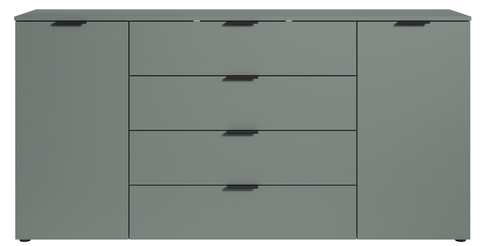 Frontansicht eines modernen, grauen XL-Sideboards mit zwei Türen und vier Schubladen.