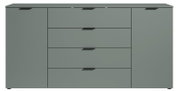 Frontansicht eines modernen, grauen XL-Sideboards mit zwei Türen und vier Schubladen.