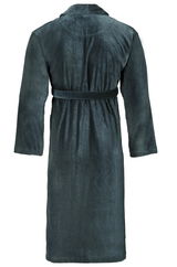 Rückansicht eines dunkelblauen Bademantels mit Gürtel