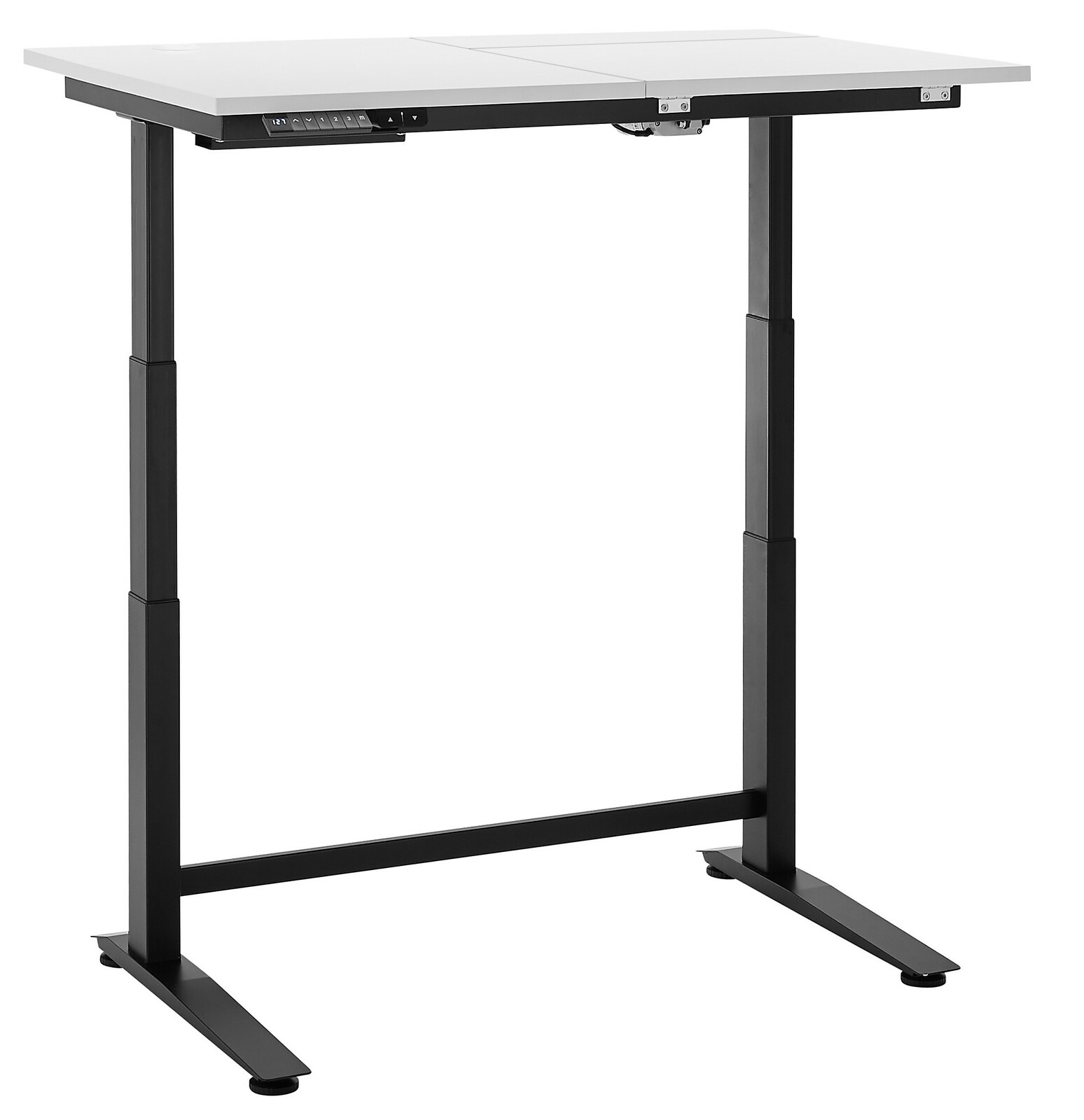 Moderner höhenverstellbarer E-Schreibtisch mit schwarzem Gestell und weißer Tischplatte, seitliche Perspektive