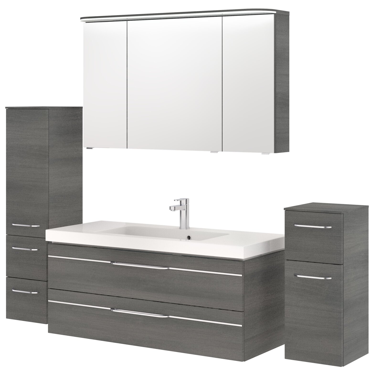 Pelipal Badblock BALTO SPRINT Moderner Badblock in grauer Holzoptik mit Waschbecken, Spiegelschrank und Stauraum, Frontalansicht.