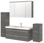 Moderner Badblock in grauer Holzoptik mit Waschbecken, Spiegelschrank und Stauraum, Frontalansicht.