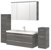 Modern badkamermeubel in grijze houtlook met wastafel, spiegelkast en opbergruimte, vooraanzicht.