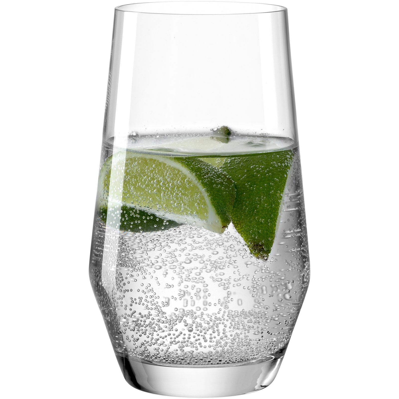 Een elegant, transparant glas met een inhoud van 365 ml, gevuld met bruisend water en schijfjes limoen, gezien vanaf de zijkant.