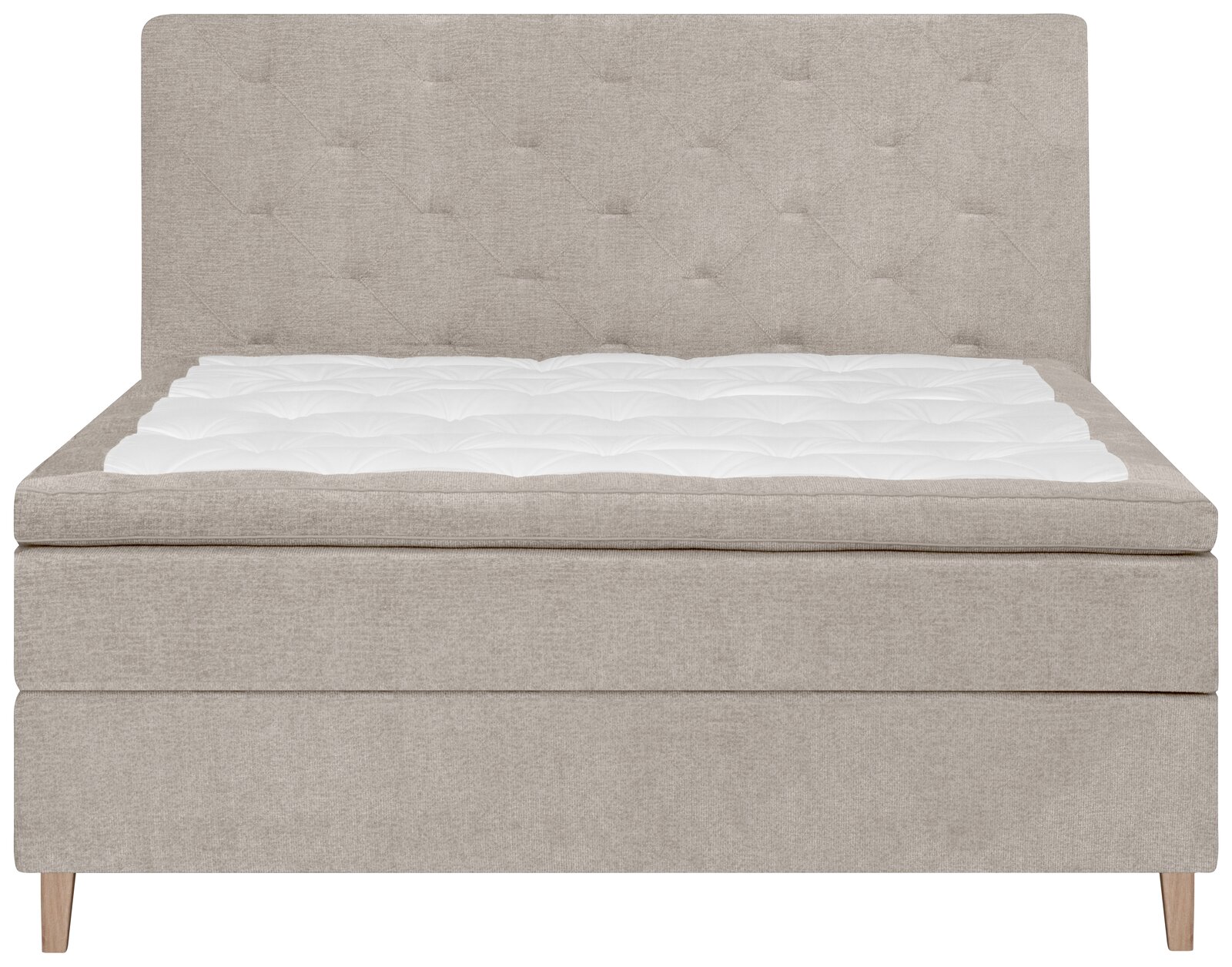 Frontale Ansicht eines beigen Boxspringbetts mit gestepptem Kopfteil und weißer Matratzenauflage.