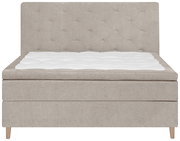 Frontale Ansicht eines beigen Boxspringbetts mit gestepptem Kopfteil und weißer Matratzenauflage.