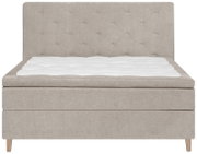 Frontale Ansicht eines beigen Boxspringbetts mit gestepptem Kopfteil und weißer Matratzenauflage.