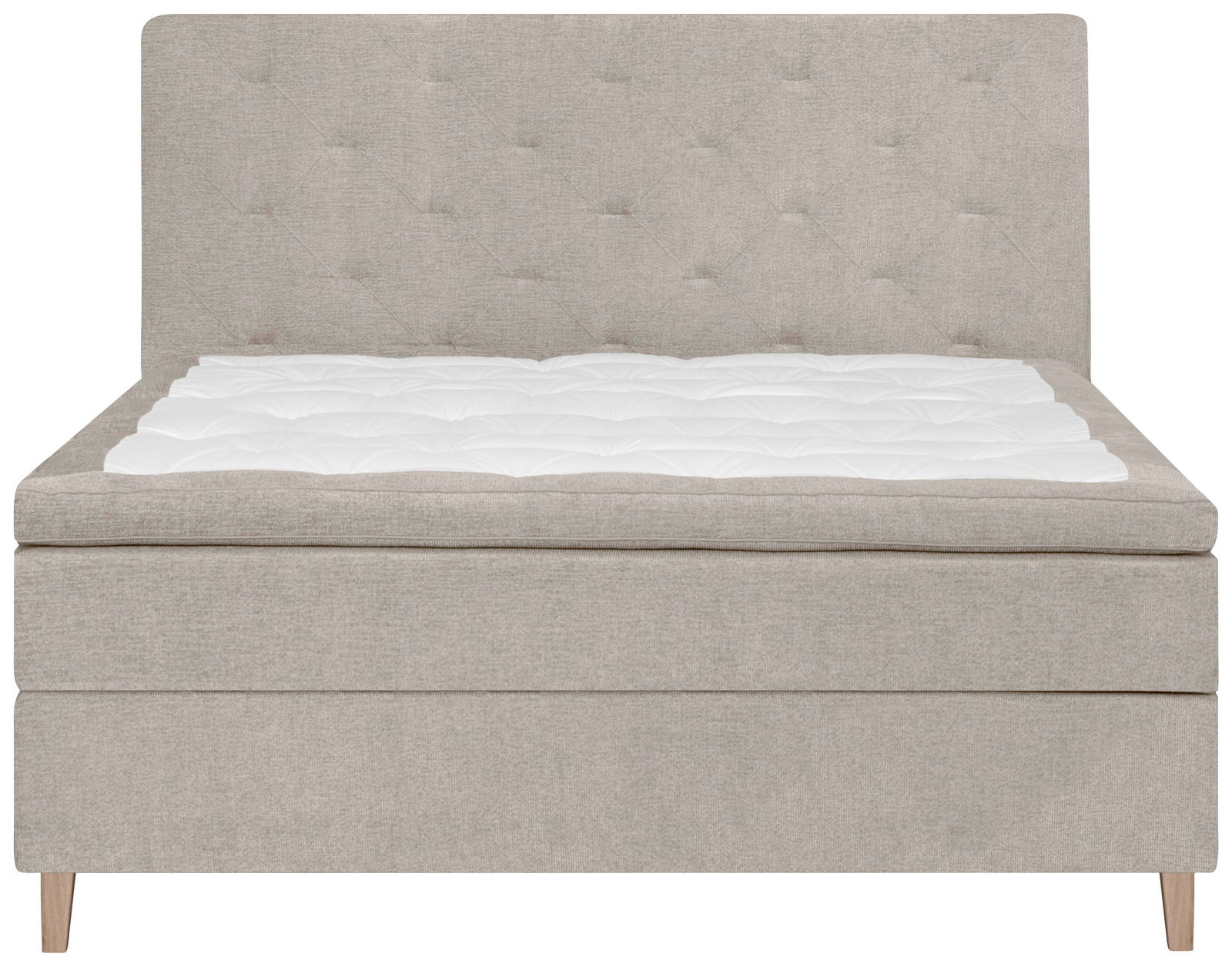 Frontale Ansicht eines beigen Boxspringbetts mit gestepptem Kopfteil und weißer Matratzenauflage.