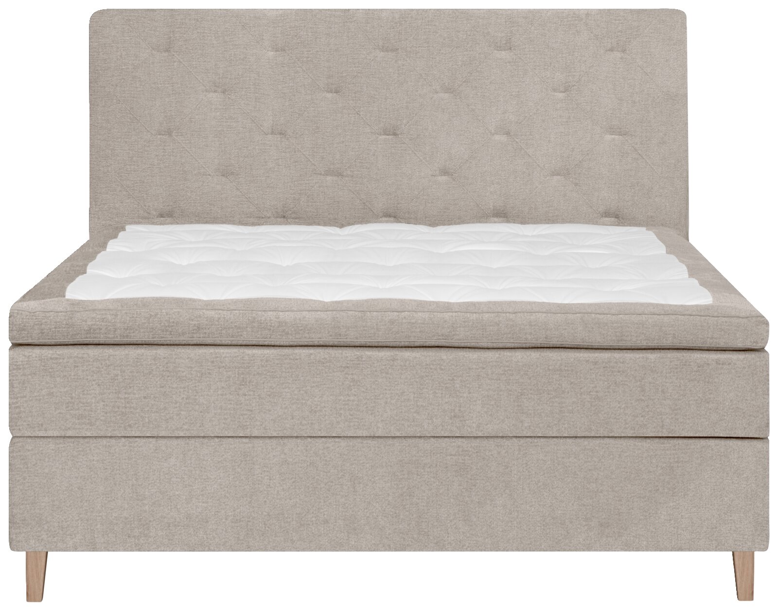 Frontale Ansicht eines beigen Boxspringbetts mit gestepptem Kopfteil und weißer Matratzenauflage.