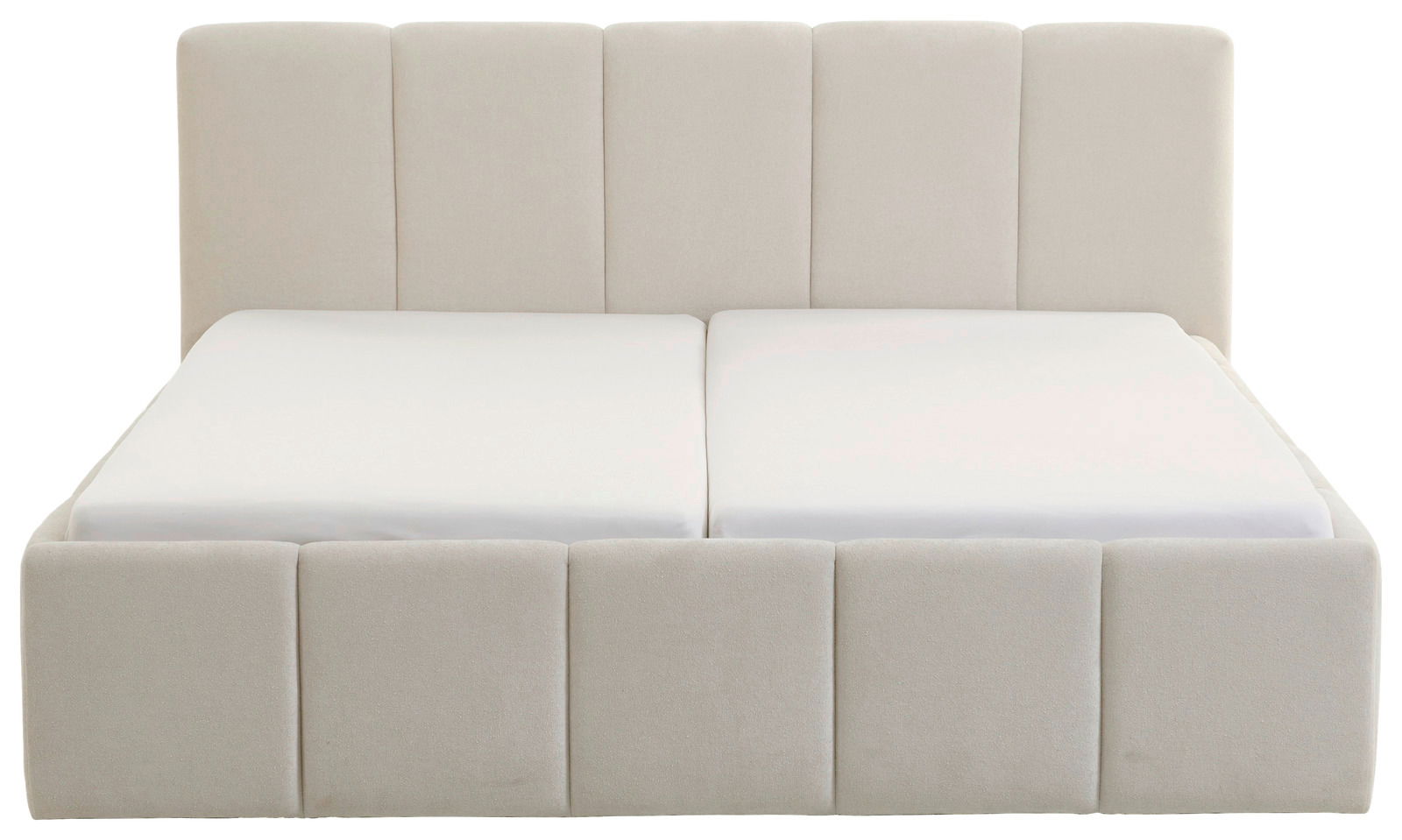 Frontale Ansicht eines modernen Polsterbetts mit hellem Stoffbezug und hohem Kopfteil.