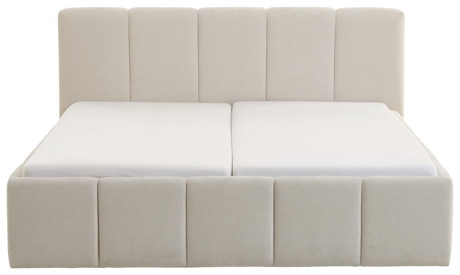 Frontale Ansicht eines modernen Polsterbetts mit hellem Stoffbezug und hohem Kopfteil.