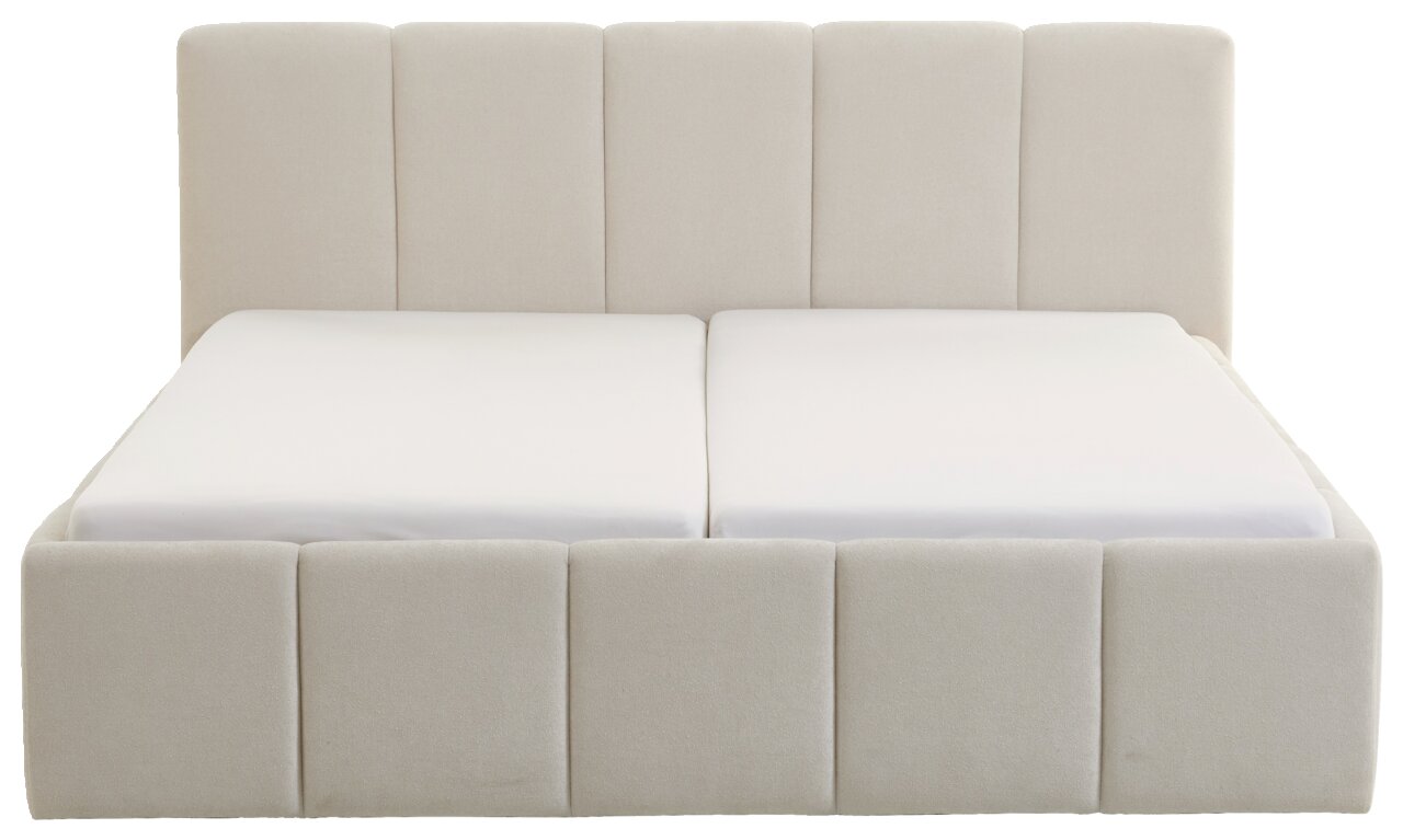 Frontale Ansicht eines modernen Polsterbetts mit hellem Stoffbezug und hohem Kopfteil.
