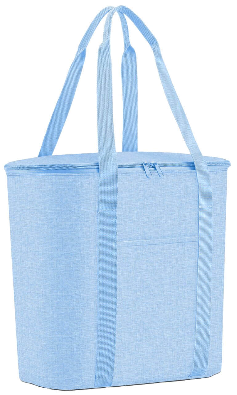 Hellblaue Thermoshopper-Tasche mit Reißverschluss und langen Tragegriffen, seitliche Perspektive