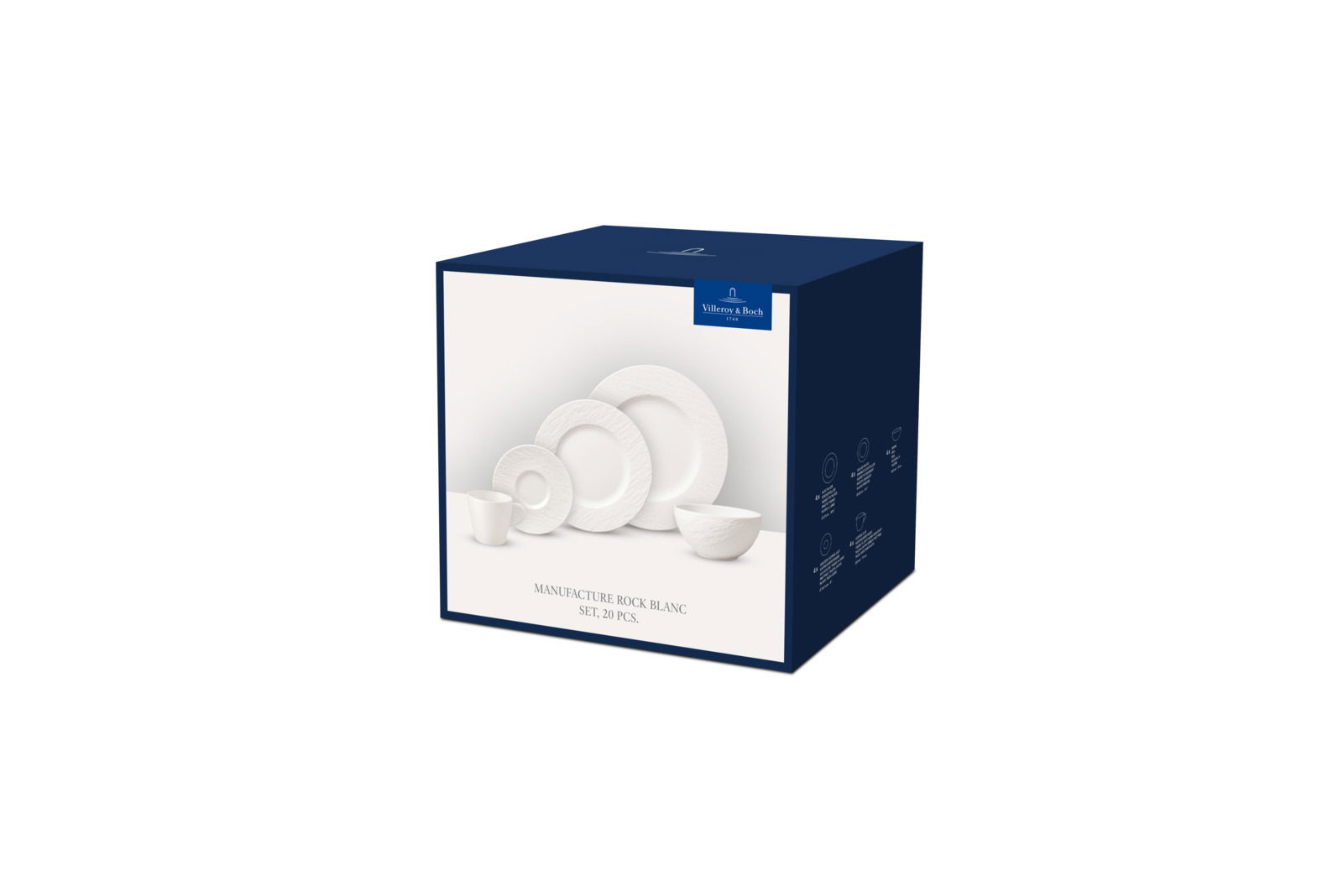 Verpackung des 20-teiligen Komiservice-Sets von Villeroy & Boch, Perspektive von vorne rechts