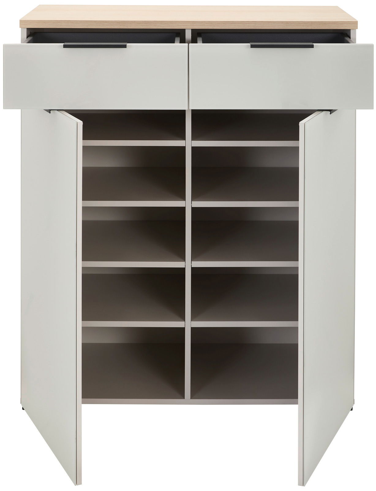 Schuhschrank Voleo NEW YORK mit geöffneter Frontansicht, zeigt zwei Schubladen oben und mehrere Regalfächer darunter.