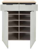 Schuhschrank Voleo NEW YORK mit geöffneter Frontansicht, zeigt zwei Schubladen oben und mehrere Regalfächer darunter.