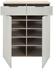 Schuhschrank Voleo NEW YORK mit geöffneter Frontansicht, zeigt zwei Schubladen oben und mehrere Regalfächer darunter.