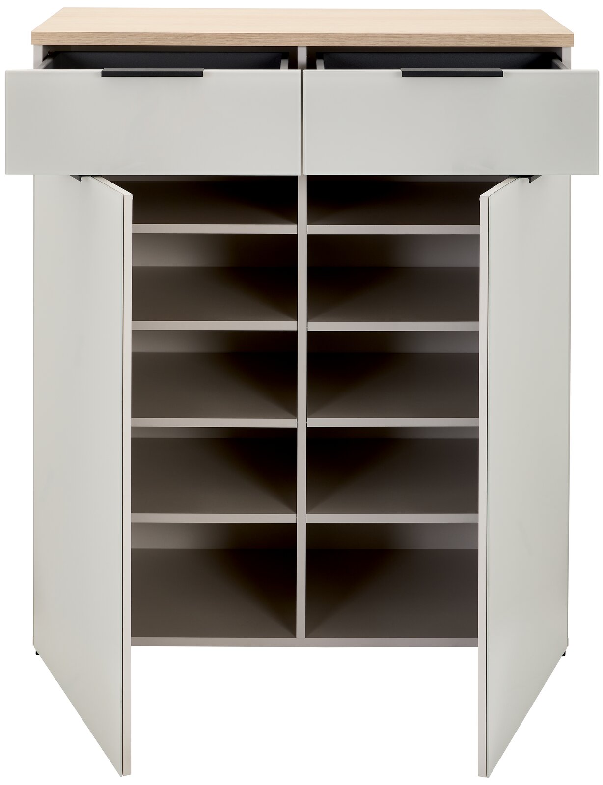 Schuhschrank Voleo NEW YORK mit geöffneter Frontansicht, zeigt zwei Schubladen oben und mehrere Regalfächer darunter.