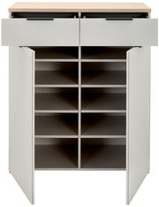 Schuhschrank Voleo NEW YORK mit geöffneter Frontansicht, zeigt zwei Schubladen oben und mehrere Regalfächer darunter.