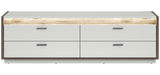 Modernes Lowboard mit vier Schubladen, Holzoptik und LED-Beleuchtung, frontale Ansicht
