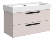 Waschtisch-Set mit zwei Schubladen in hellem Beige und schwarzen Griffen, seitliche Perspektive