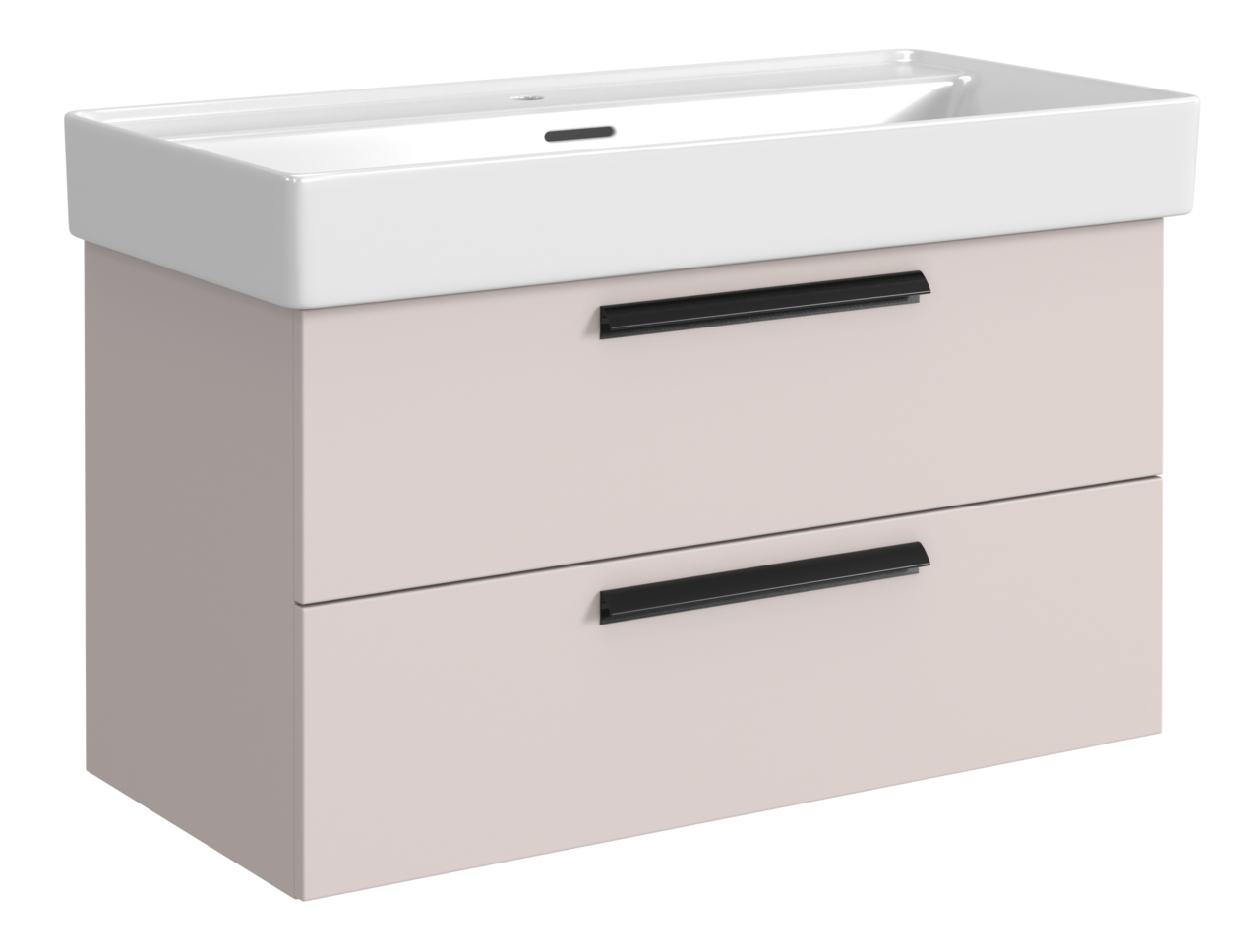Waschtisch-Set mit zwei Schubladen in hellem Beige und schwarzen Griffen, seitliche Perspektive