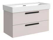 Waschtisch-Set mit zwei Schubladen in hellem Beige und schwarzen Griffen, seitliche Perspektive