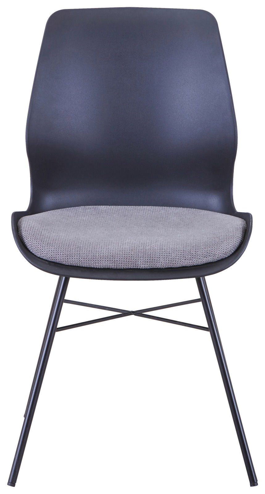 Moderner Stuhl mit schwarzer Rückenlehne und grauem Sitzpolster, Vorderansicht