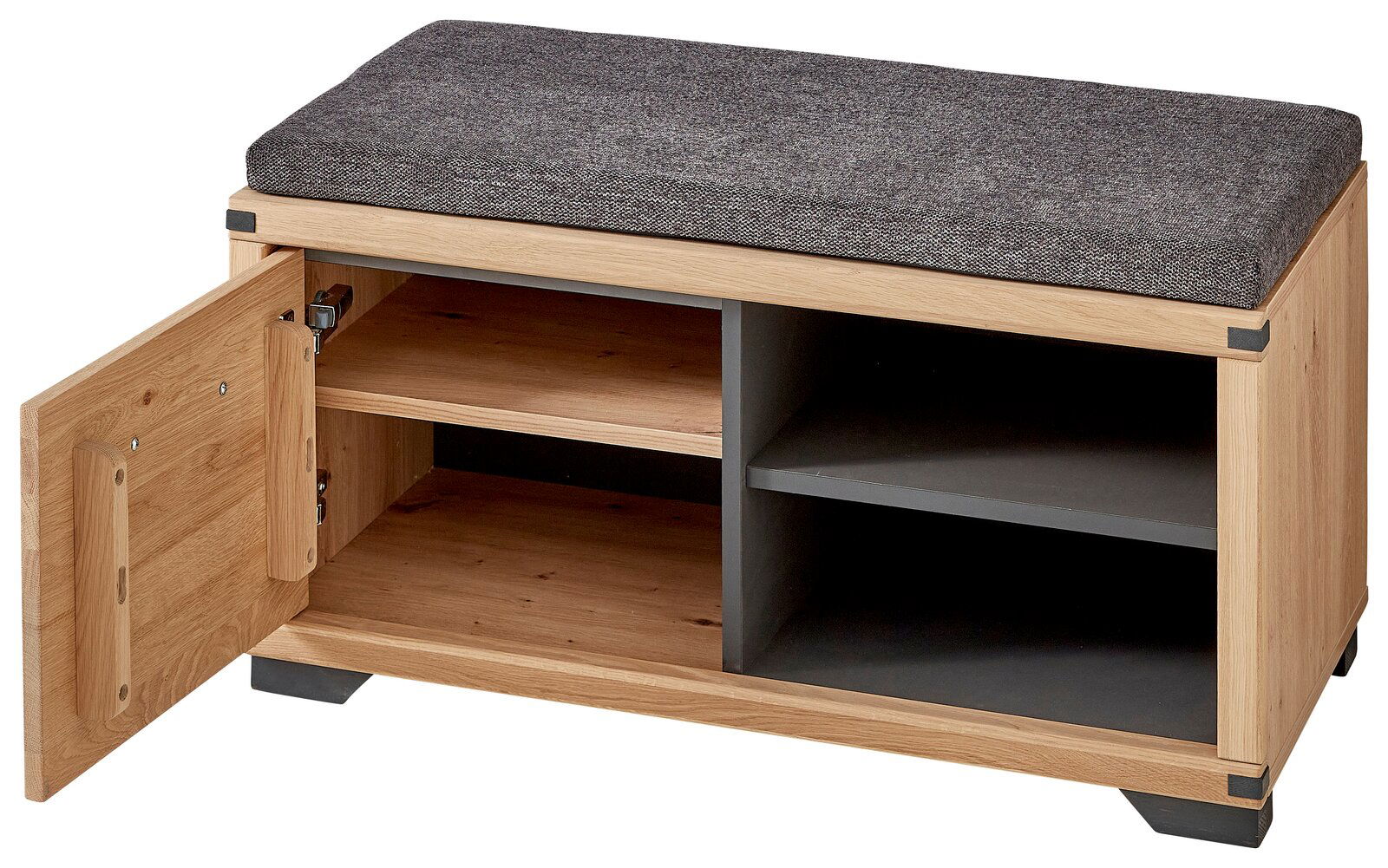 Garderobenbank aus Holz mit grauem Sitzpolster, offene Tür zeigt Innenfächer, Perspektive von vorne