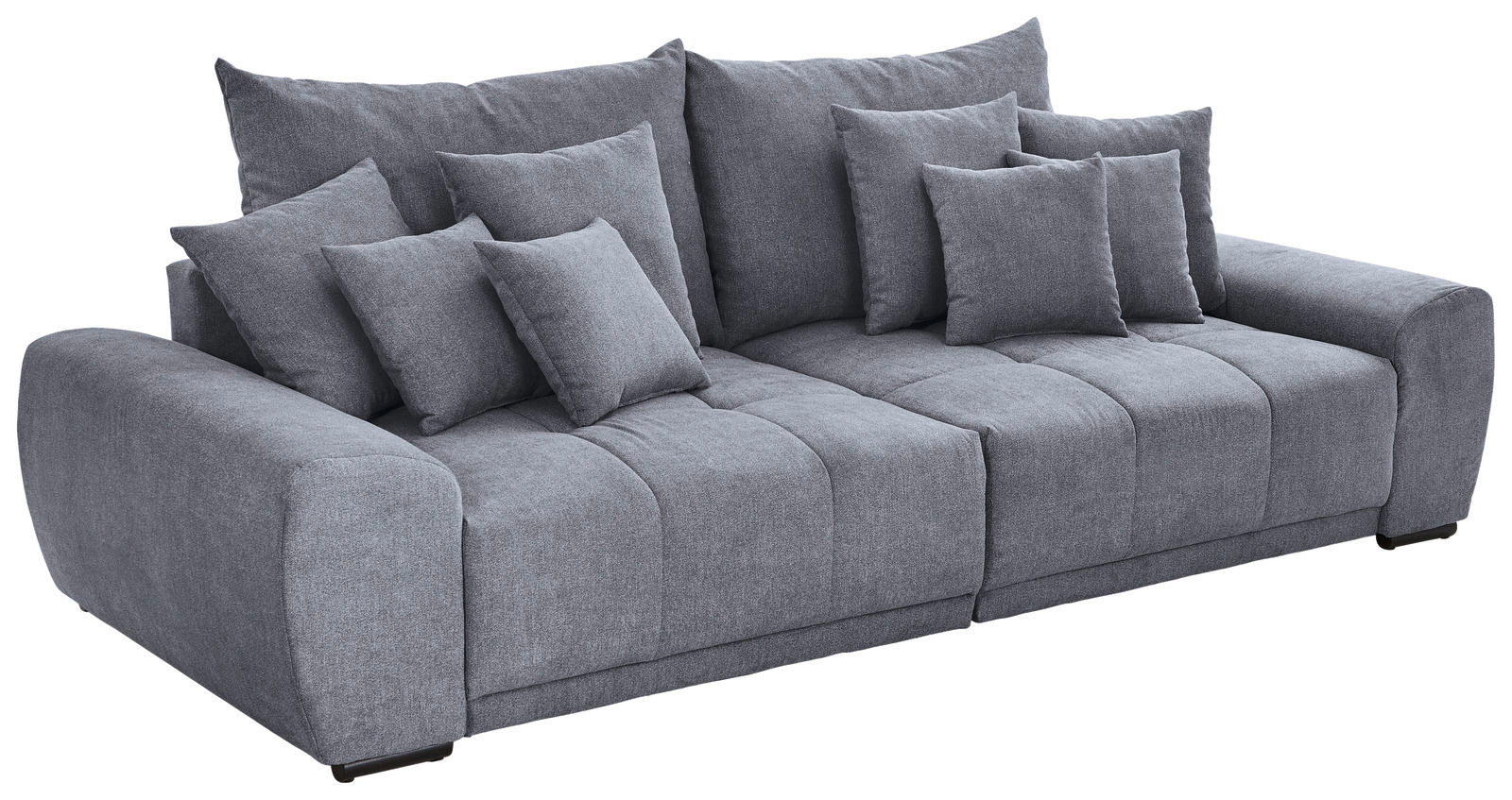 Graues Big-Sofa mit mehreren Kissen, seitliche Perspektive