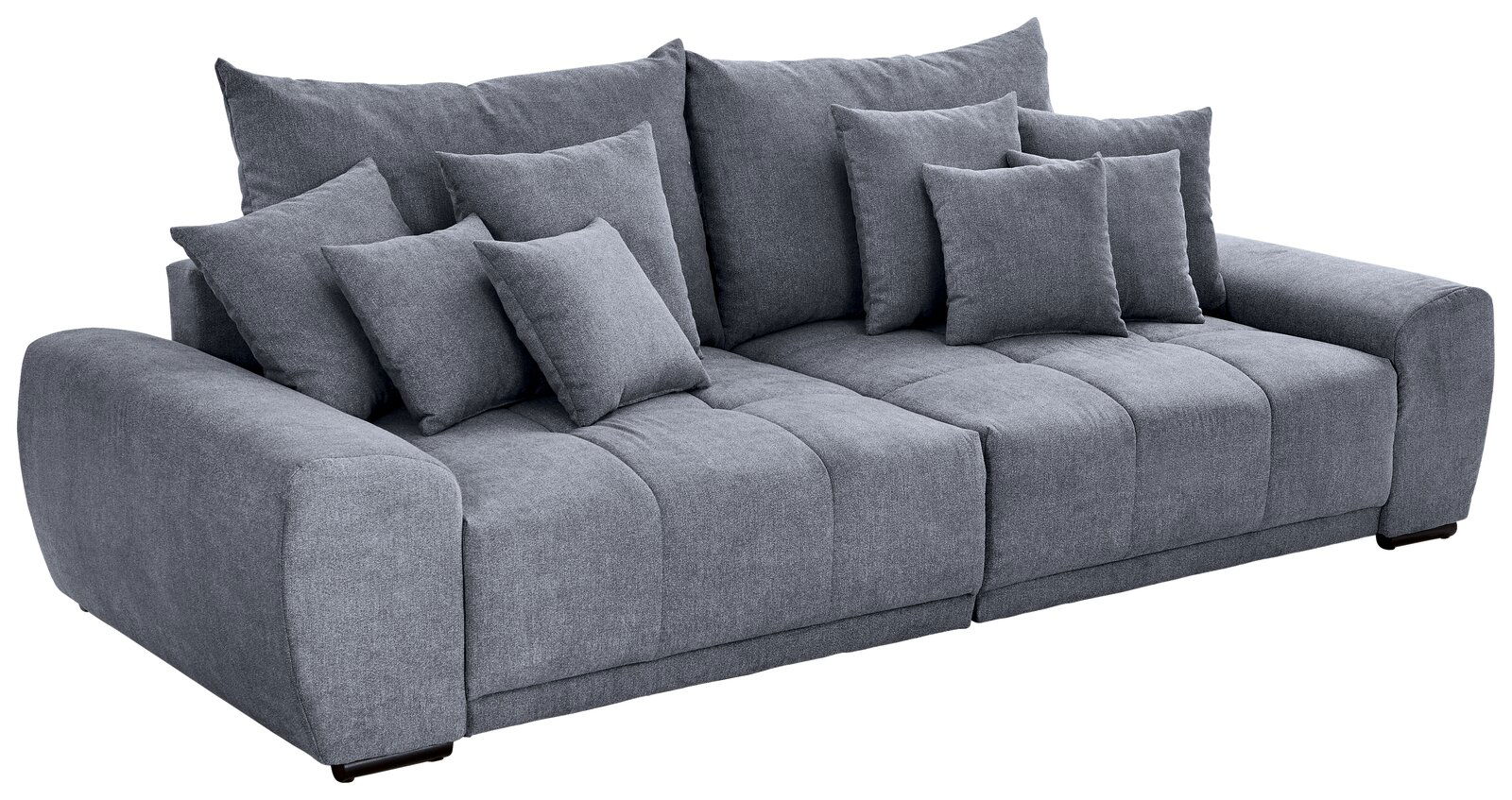 Graues Big-Sofa mit mehreren Kissen, seitliche Perspektive