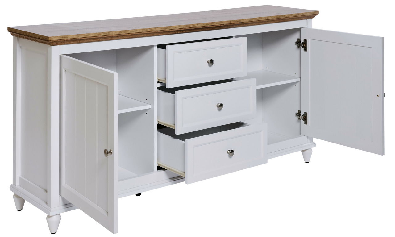 Weißes Sideboard mit drei offenen Schubladen und zwei geöffneten Türen, Ansicht von vorne.